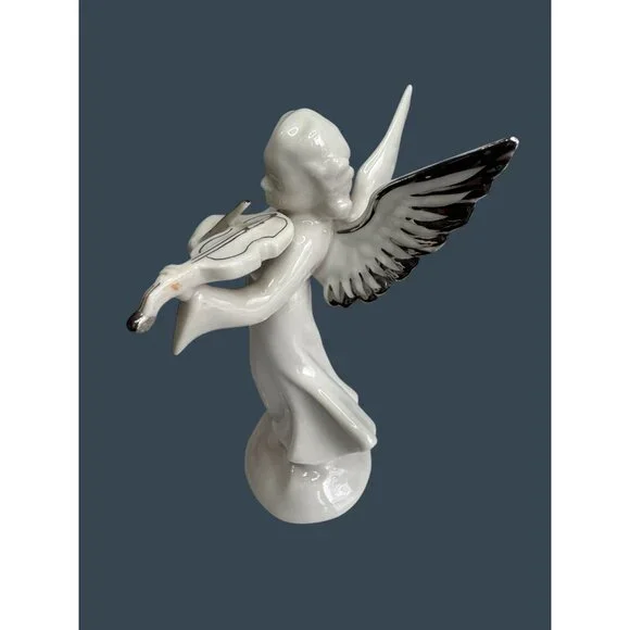 German Dresden Heavenly Band Porcelain Angel Violin Figurine Platinum Trim 5" - Picture 4 of 7